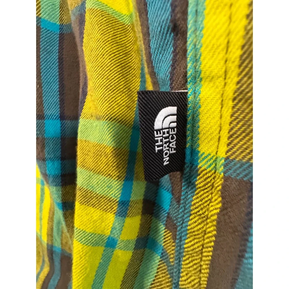The North Face Mens Circular Design Plaid Flannel Shirt Lime Green Teal Medium